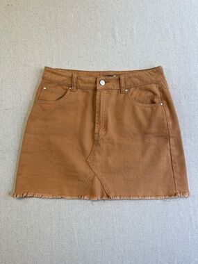 Boohoo Blue Denim Mini Skirt Brown Frayed Hem High Rise US 8